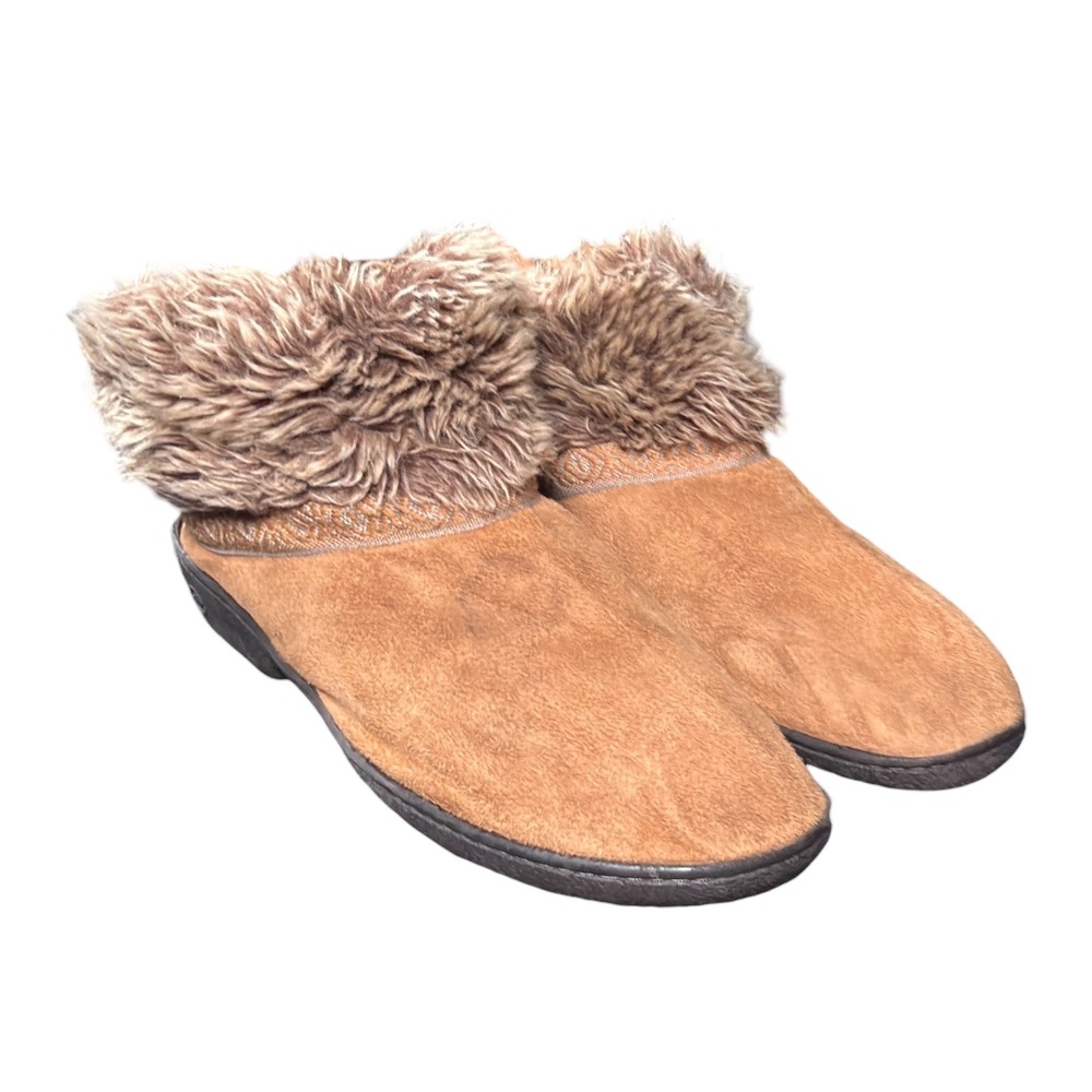 Isotoner Womens Tan Suede Faux Fur Lined Bootie Slippers Size Large‎ 8.5-9 Cozy